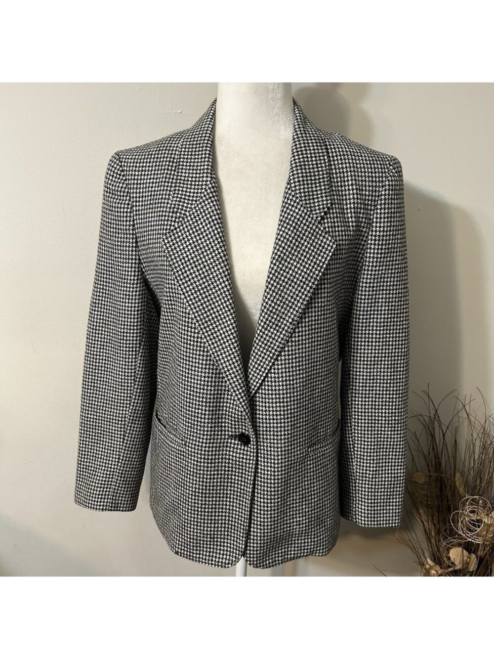 Vtg Alfred Dunner Women Blazer Houndstooth Wool Blend Lined Black White Sz 10